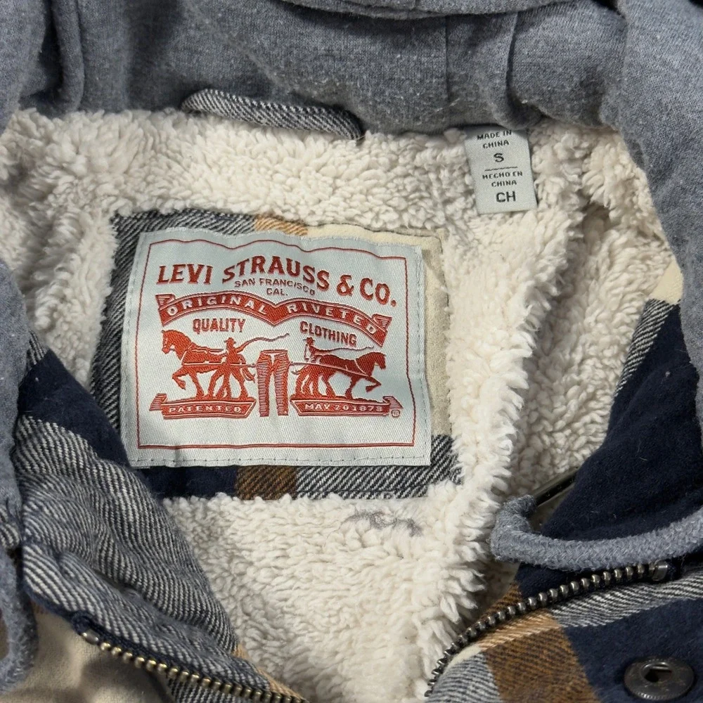 Levis Mens Plaid Hooded Flannel Jacket Sherpa Lined Navy Brown Small RN54163